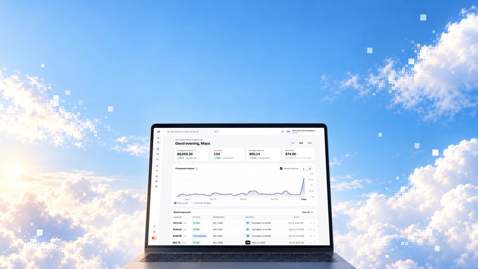 The last dashboard open on a laptop, floating in a bright sky with pixelated clouds.